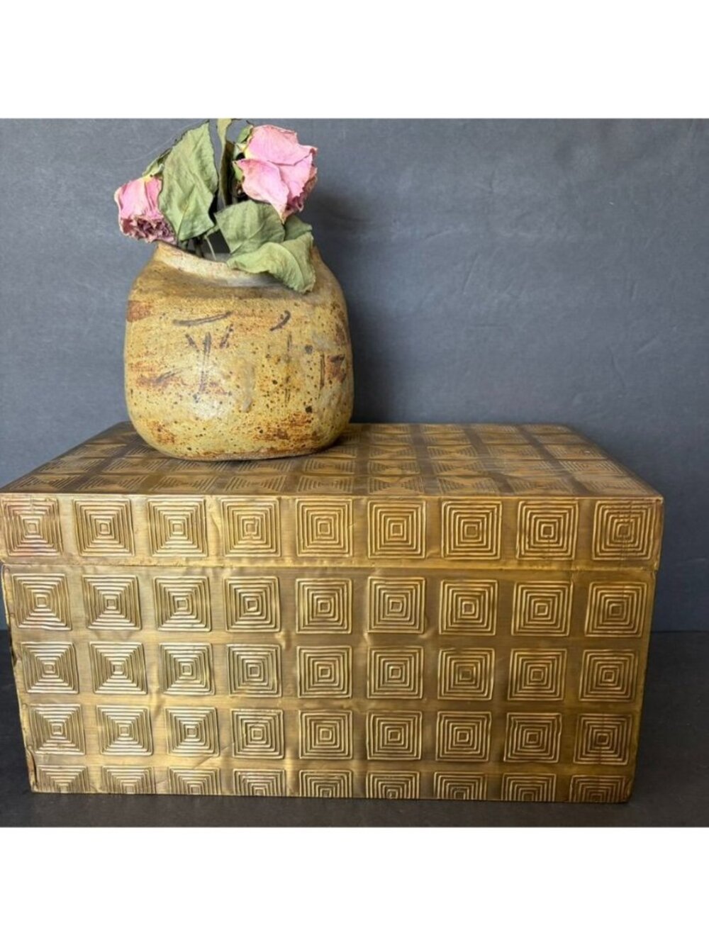 Handcrafted Gold-Tone Embossed Jewelry Chest Hinged Lid Linen Inside Boho Beauty